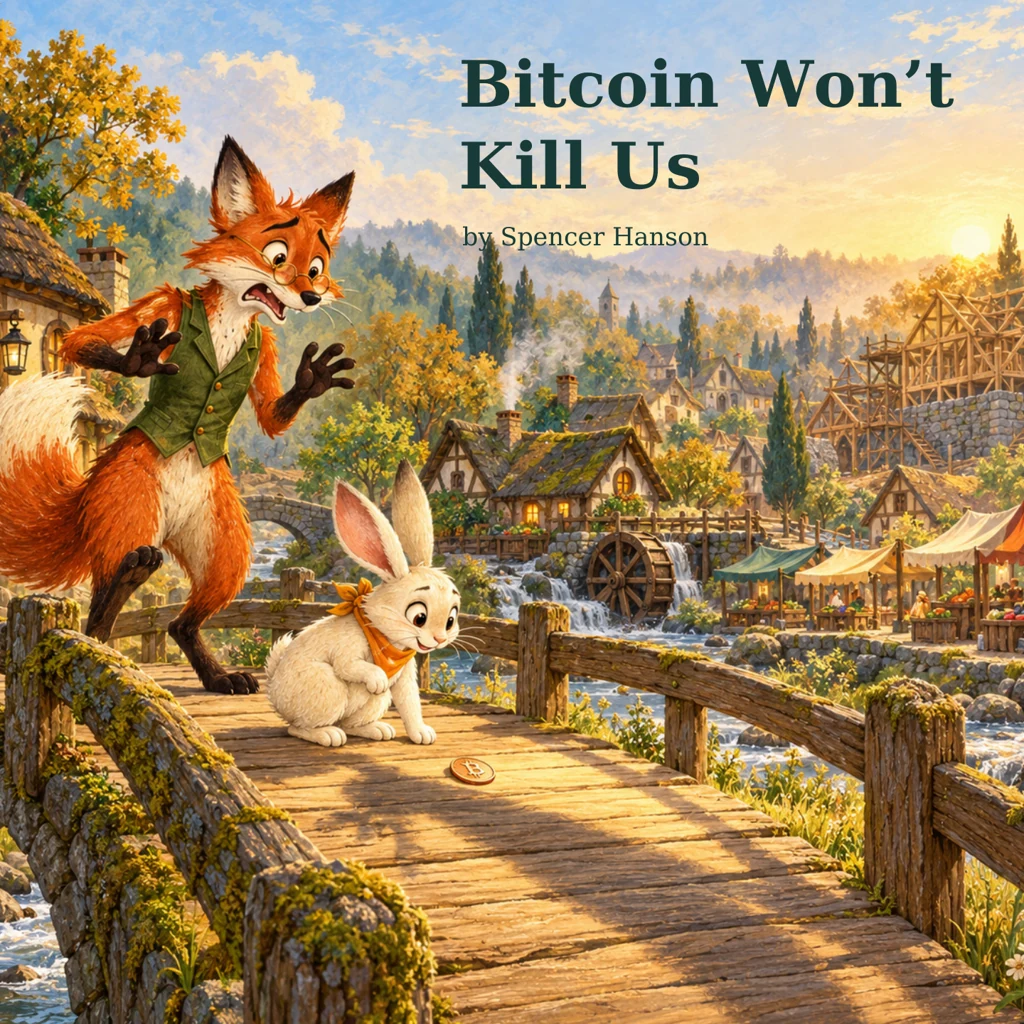 Bitcoin Won’t Kill Us illustrated cover, featuring Rabbit and Fox