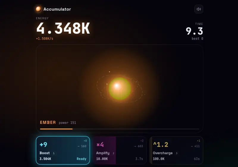 Accumulator mid-round: a glowing reactor core above Boost, Amplify, and Overcharge cards
