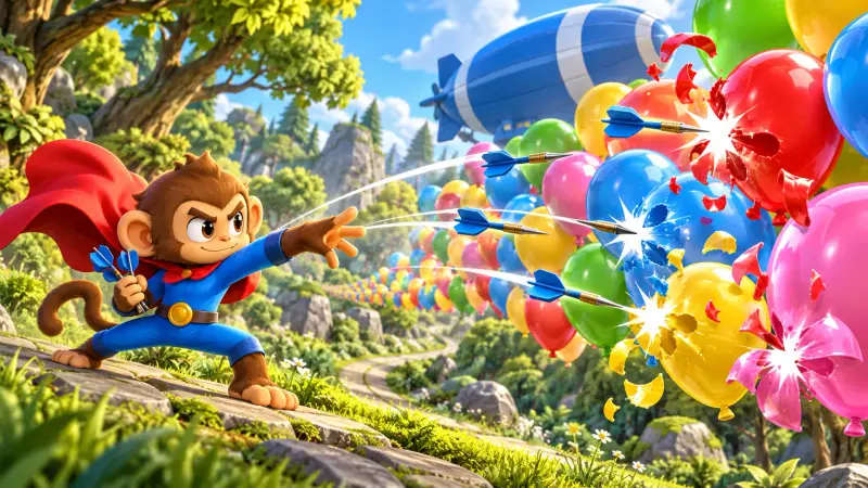 Illustrated Super Monkey throwing darts at a colorful balloon swarm in a sunlit meadow